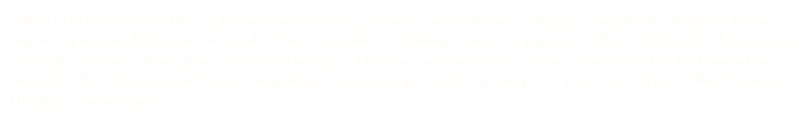 MAS/AIS/LAS 435 students collaborated on group projects that included: creating a diabetese garden with the Barrior Sustainability Project in South Tucson; creating a children's book; presenting at the El Rio Health Fair on how to make tinctures, salves, and medicinal plasters, which they learned to do in class; creating a book of remedies based on the collective and family knowledge of classmates; and presenting on nervios and stress at the Chicano/Hispano Student Center. 